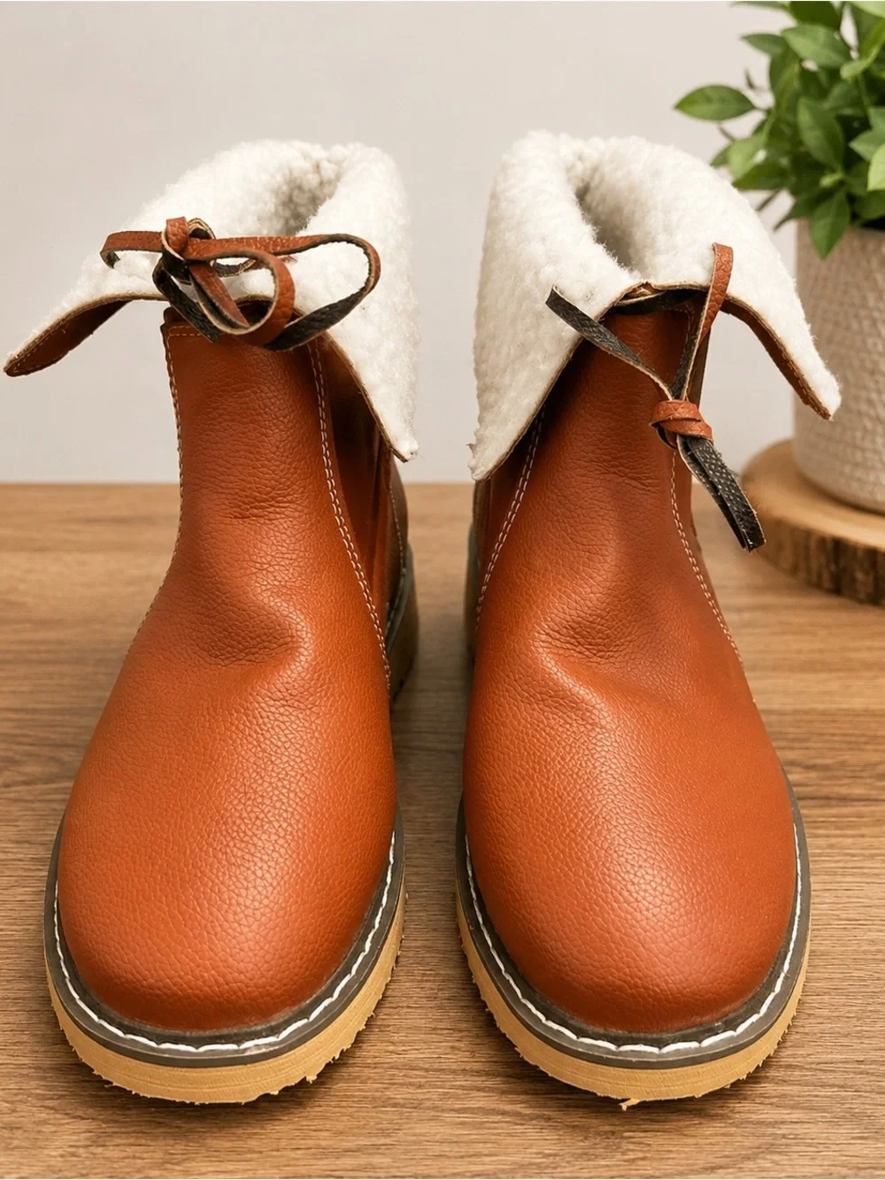 No Brand Cognac Faux Leather Sherpa Lined Ankle Booties